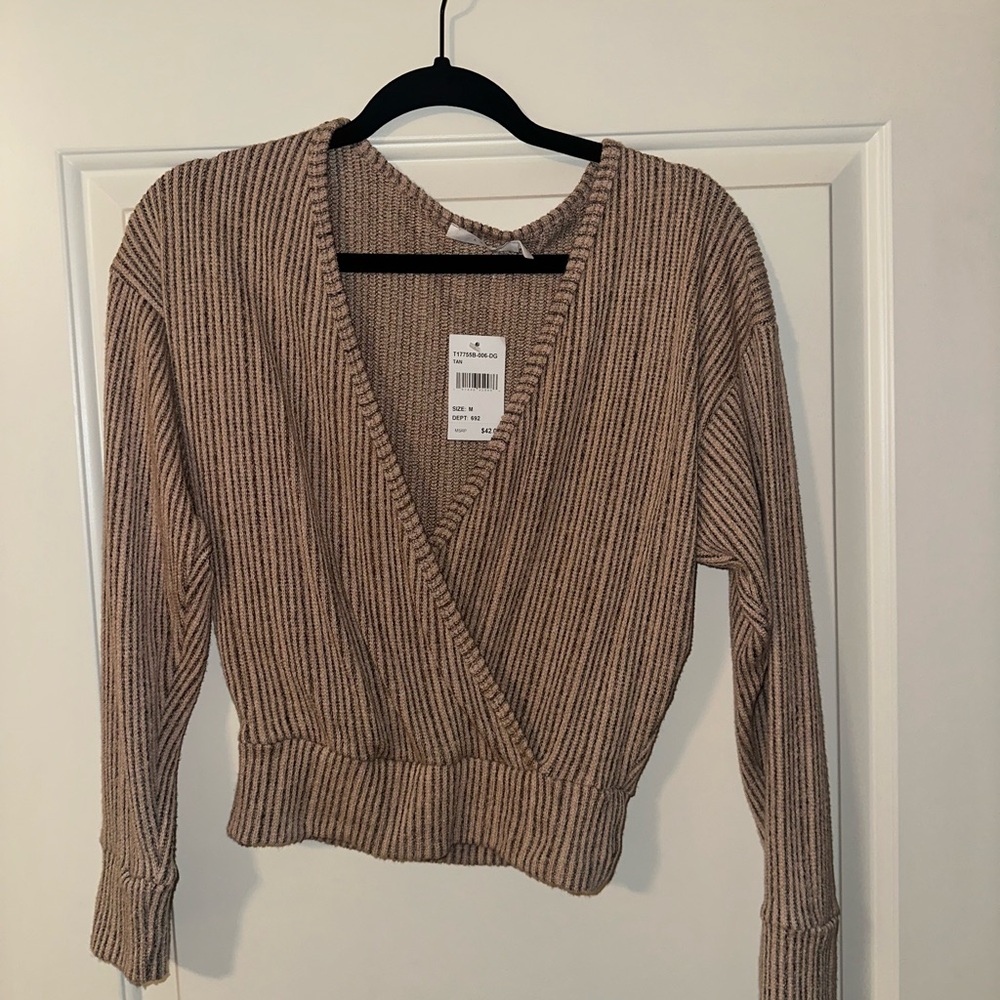 Tan Ribbed Wrap Sweater